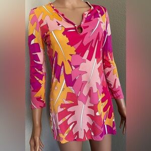 Vintage Emilio Pucci Pink and Orange Leaf Print 1/4 Sleeve Top Tunic